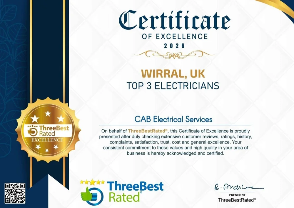 Three Best Rated Certificate of Excellence 2026 for CAB Electrical Services: Top 3 electricians in Wirral, UK